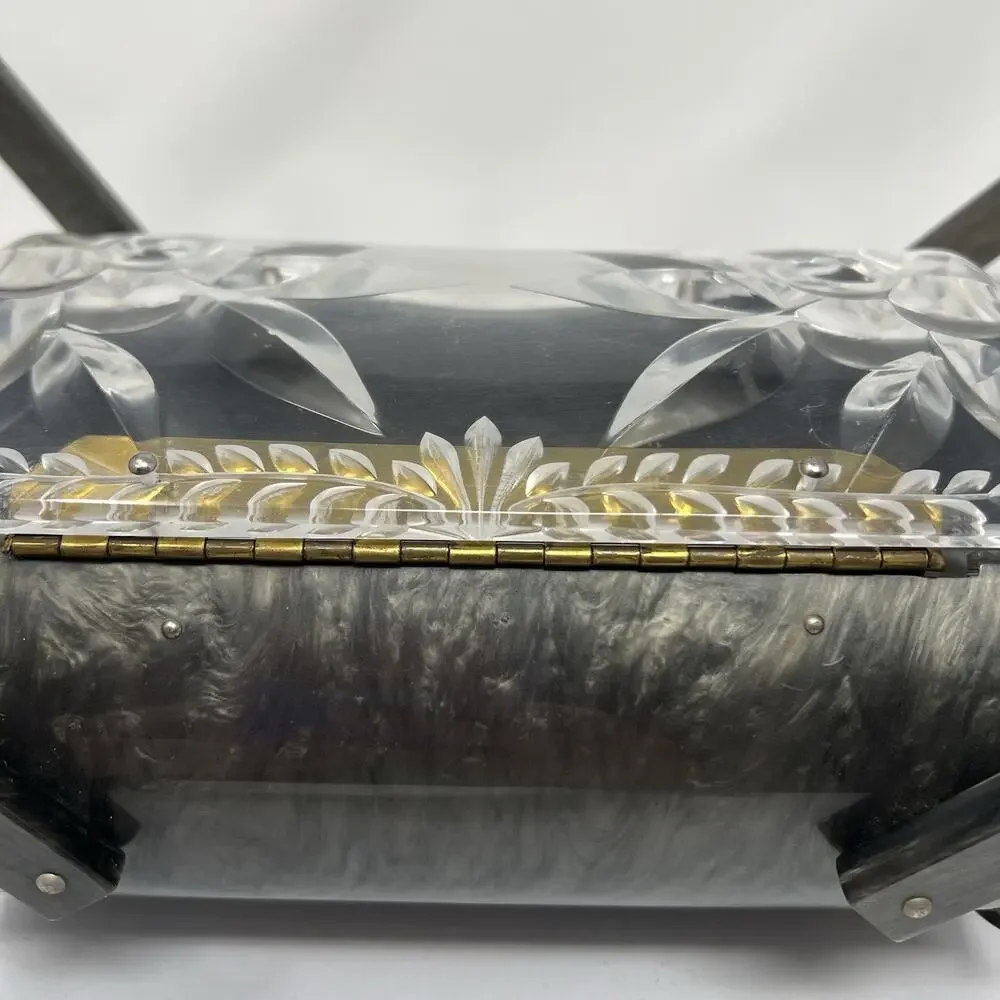 Original Rialto NY Vintage 1950s Lucite Handbag Gray Black Carved Floral Lid